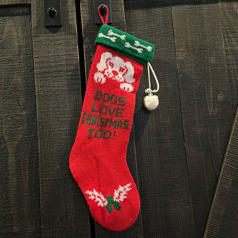 Vintage Knit Stocking “Dogs Love Christmas Too”